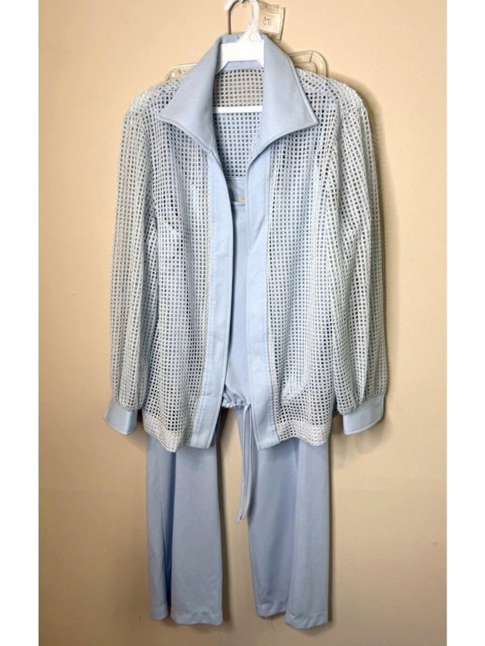 Vintage 70s Pant Suit Set Wide Leg Jacket Blouse Disco Mod Blue USA